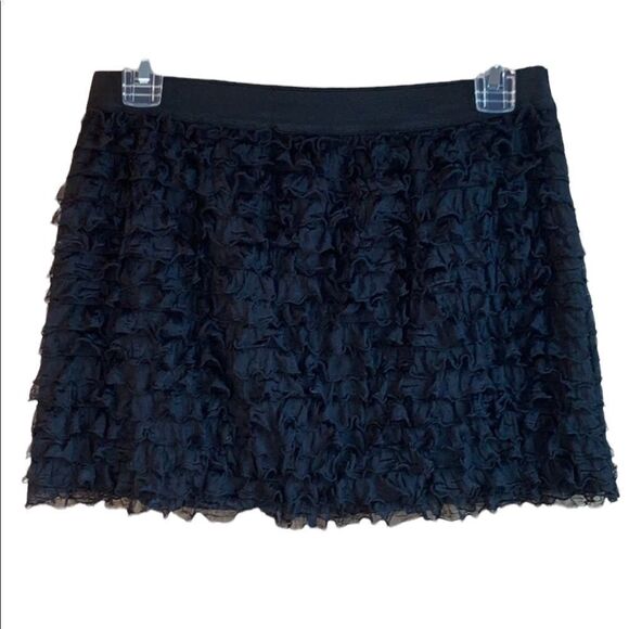 Forever 21 Solid Black Ruffle layered stretchy spandex mini Skirt fringe Size L - Picture 5 of 8